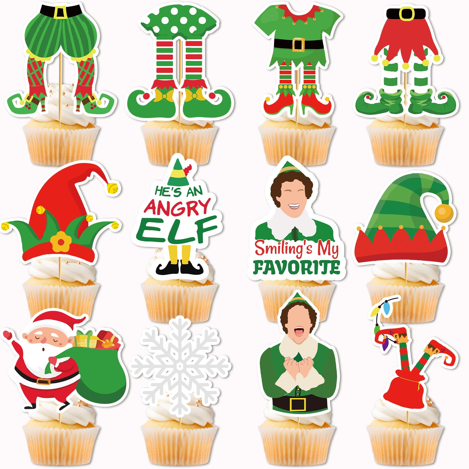 Photo 1 of 24 Pcs Christmas Cupcake Toppers Christmas Cake Decorations Buddy The Elf Decorations Elf Party Decorations