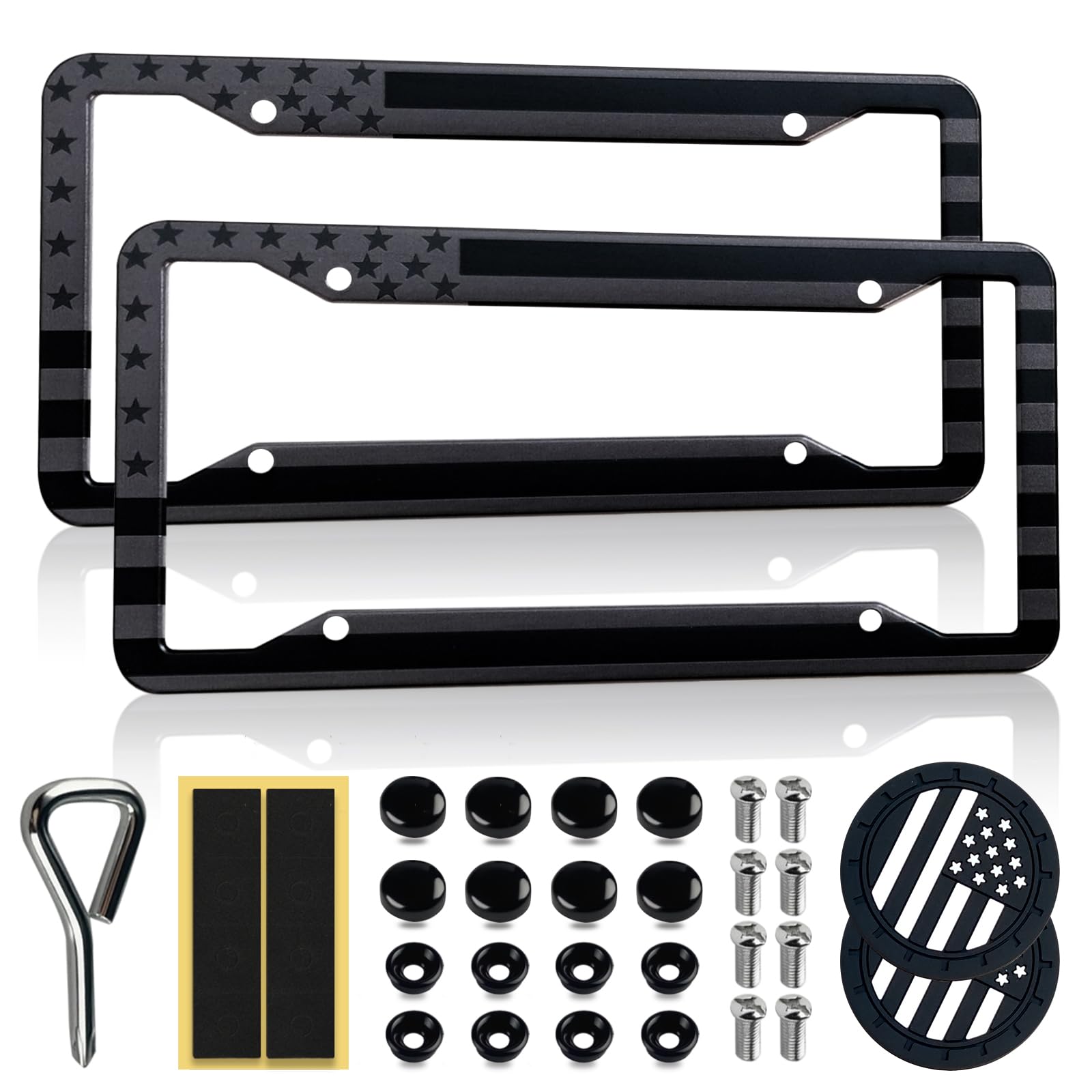 Photo 1 of 2 Pack OLLEN American Flag License Plate Frames, Aluminum Alloy US Patriotic Car Tag Holder Protector, with Mount Hardware, Anti-Theft Caps, 8 Rattle Proof Pads, Screwdriver, Black