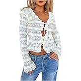 SHENHE Women's Lace Tie Front Top Long Sleeve Ruffle Trim Frilly Y2k Coquette Going Out Shirt