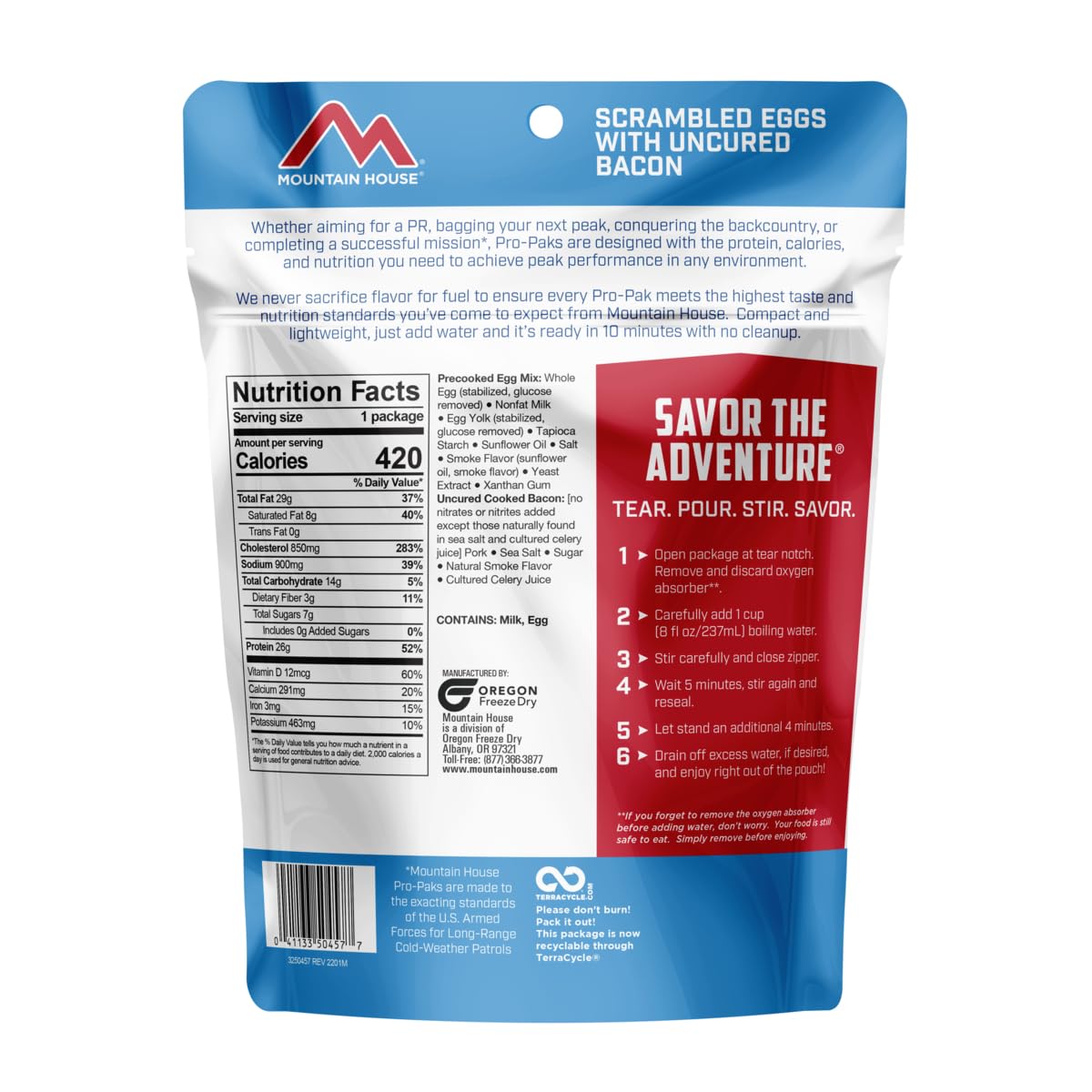 Mountain House Scrambled Eggs with Uncured Bacon Pro-Pak | Freeze Dried Backpacking & Camping Food | Gluten-Free | 1 Serving