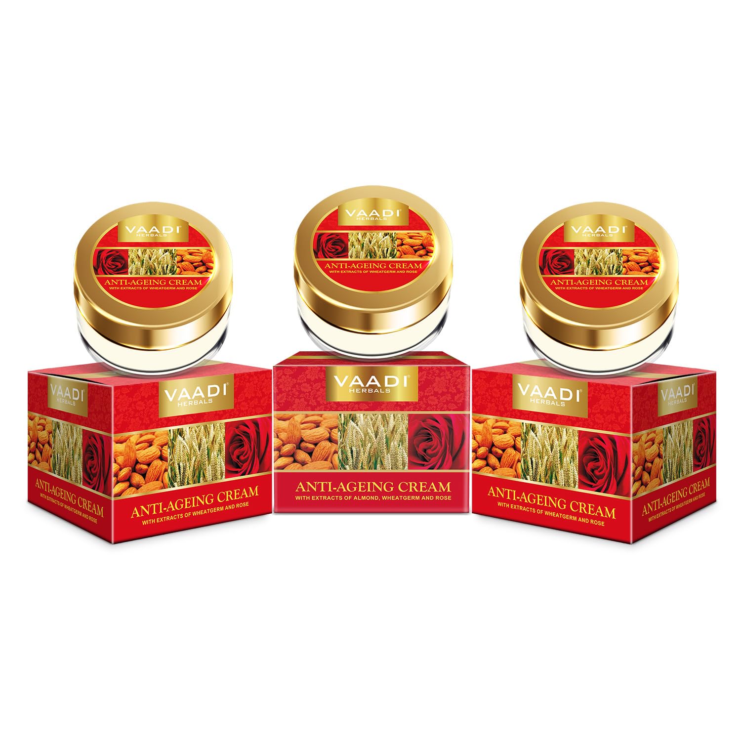Vaadi Herbals Value Pack of 3 Anti-Ageing Cream - Almond, Wheatgerm Oil & Rose (30 gms x 3)