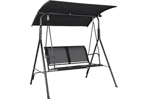 Garvee 2-Seat Outdoor Patio Porch Swing with Stand, Adjustable Waterproof Canopy, Textilene Seat & Heavy-Duty Steel Frame, Ba