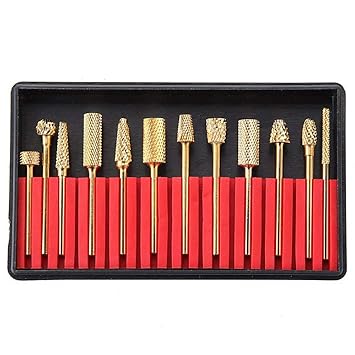 SNOWINSPRING 12 Stücke Gold Karbid Nagel Bohrer Set Professionelle Bits Werkzeuge 3/32 Zoll Mit Aufbewahrungskoffer Halter