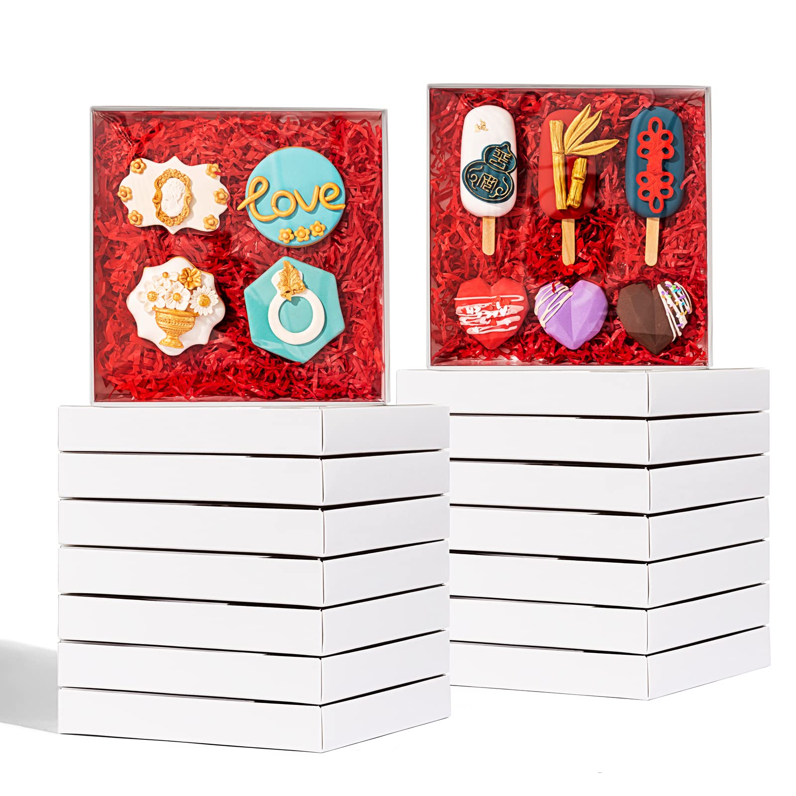 Photo 1 of RomanticBaking 50Pack 8x8x1½ Inch Clear Cookies Boxes for Gift Giving Chocolate Covered Pretzel Rods Boxes Heart Cocoa Bombs Boxes Macaron Boxes