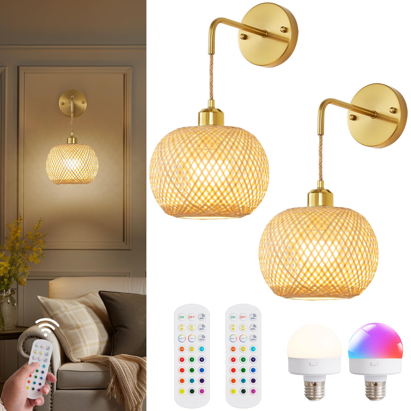 Photo 1 of Vitnucrol Gold Battery Operated Wall Sconces Set of 2 with Remote, Rechargeable Rattan Battery Powered Wall Lights/Lamps, Wireless Boho Lighting Fixtures for Bedroom Farmhouse, 15 Colors Dimmable,8''