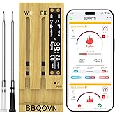 BBQOVN WiFi Sub-1G Wireless Meat Thermometer Unlimited Range 7 NIST Certified Sensors with Ambient Temp 2 Temp Monitoring Ways Digital Smart Base and App for BBQ, Smoker, Grill, Oven (2, black, small)