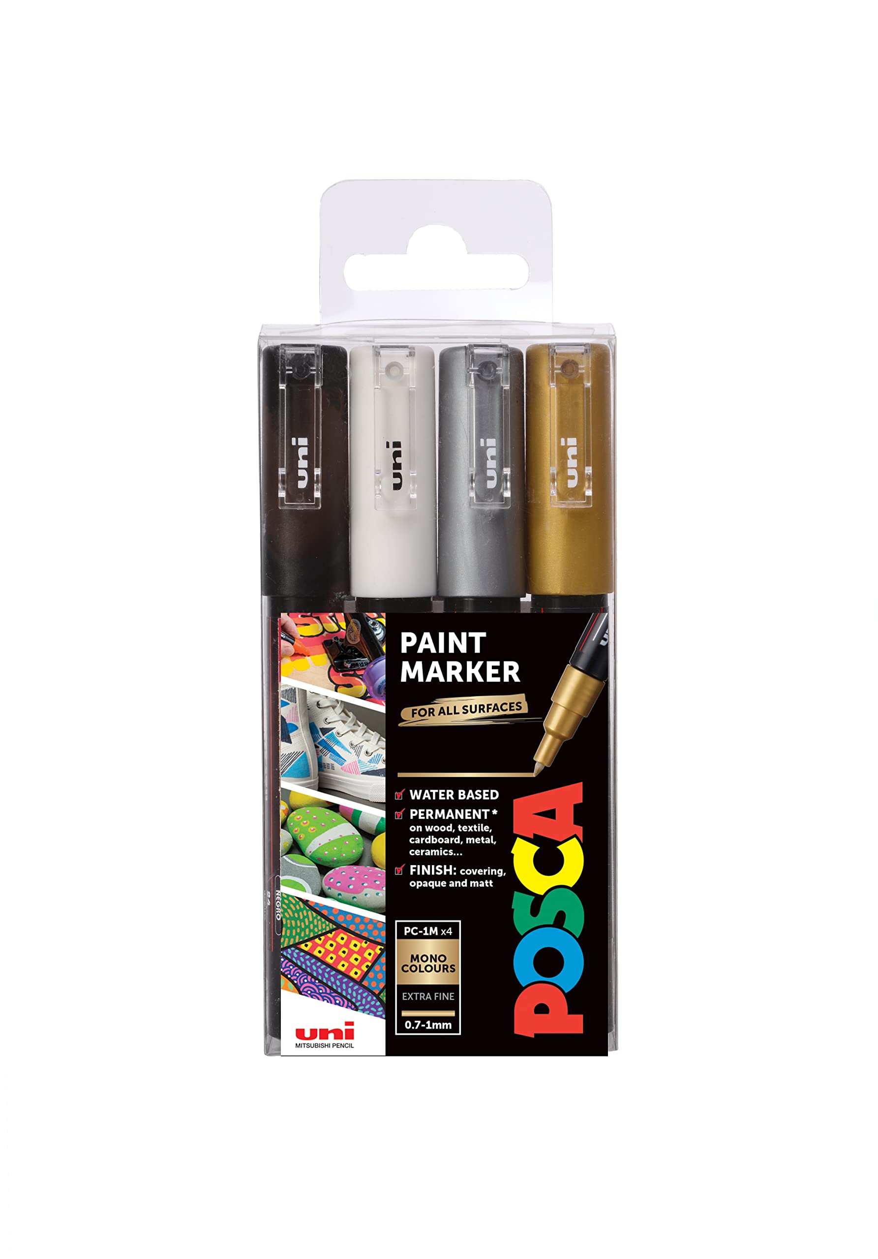 POSCA PC-1M Permanent Marker Paint Pens. Extra Fine Tip for Art & Crafts. Multi Surface Use On Wood Metal Paper Canvas Cardboard Glass Fabric Ceramic Rock Pebble Porcelain. Set of 4 Mono Colours