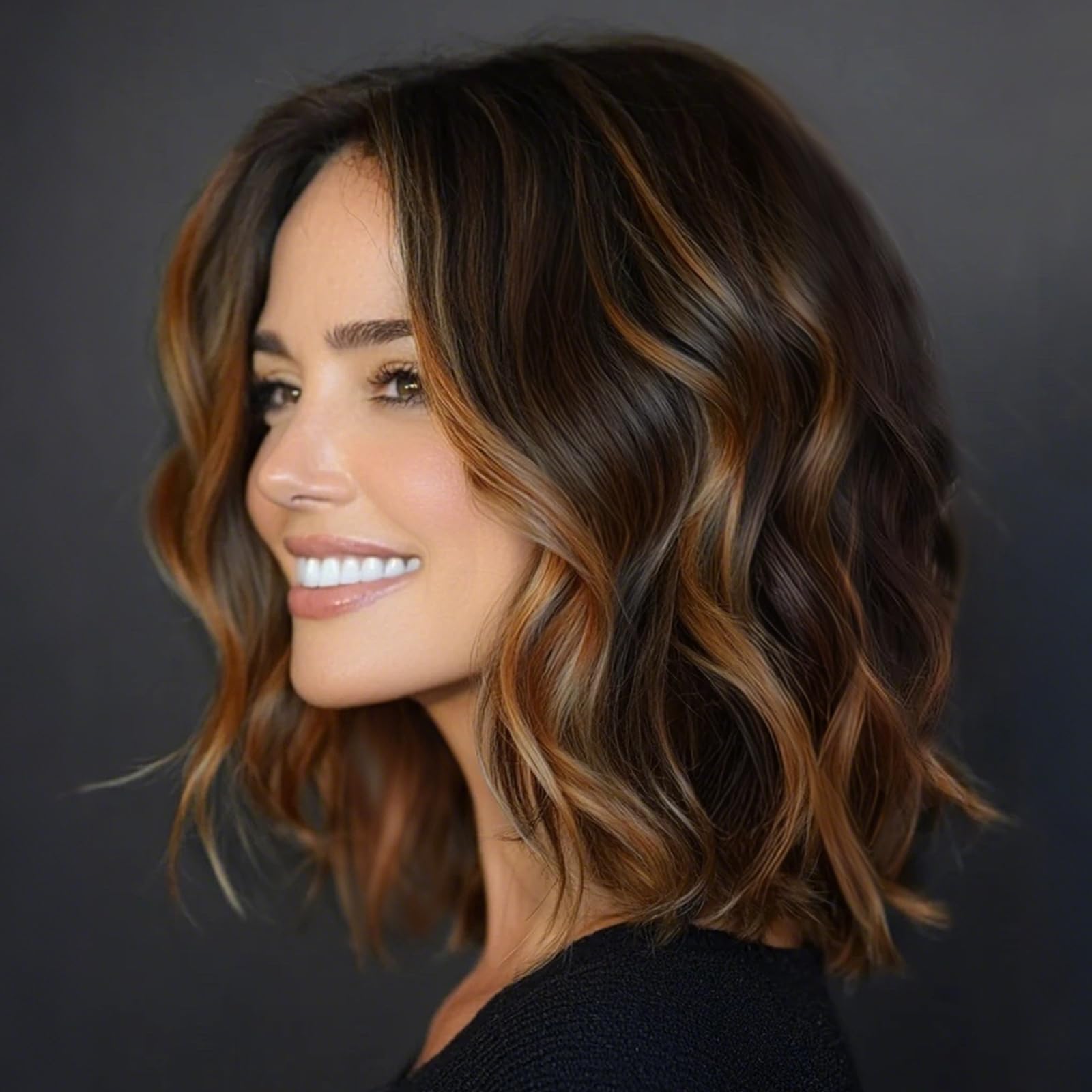 Photo 1 of ***SHOWS SIGNS OF USAGE*** AISI HAIR 14 Inch Highlights Caramel Brown Wigs for Women - Shoulder Length Wave Wig with Pre-Cut Lace Hairline, Middle Part Natural Wavy Bob Synthetic Heat Resistant Fiber for Daily and Party