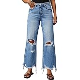 cffvdiz Women's Ripped Bell Bottom Jeans High-Rise Distressed Raw Edge Hem Boyfriend Wide Leg Denim Pants