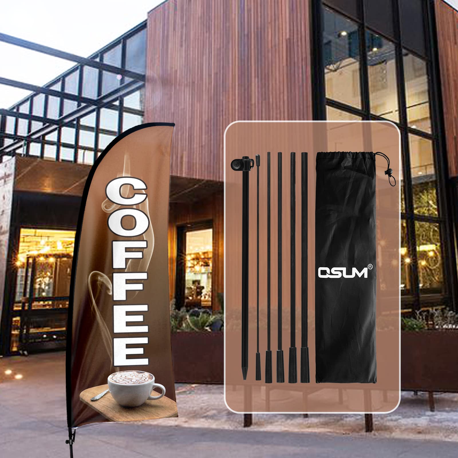 QSUM Coffee Feather Flag and Pole Kit 7 FT Coffee Signs for Business Swooper Flag Advertising Flag for Coffee Store