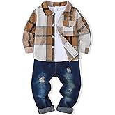 Renotemy Toddler Boy Clothes Fall Winter Outfits 3Pcs Fashion Flannel Shirts Ripped Jeans Pants Kids Boys Clothing Sets
