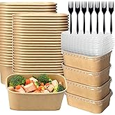 FISDEN 50 Pack 25oz Kraft Paper Square Bowls, Disposable Take Out Containers with Lids and Forks, Grease-Resistant Soup Bowls for Meal Prep, Snacks, and Takeout, Microwave & Freezer Safe