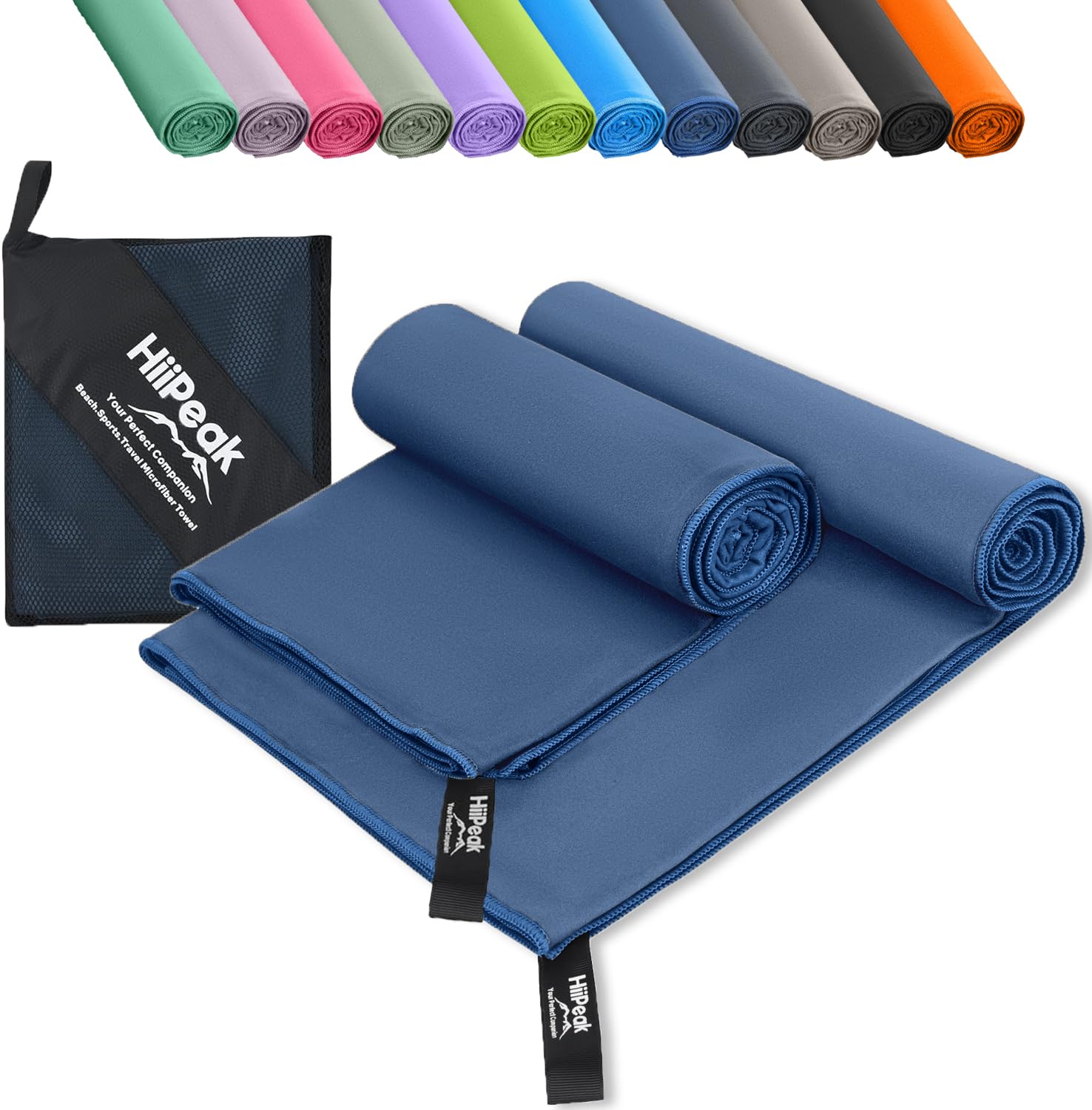 HiiPeak Microfibre Towel Compact Camping Beach Towel - Quick Dry Lightweight Absorbent Sports Gym Swimming Hiking Drying Towel for Men,Women (Navy Blue-2pack, 160cm x 80cm + 80cm x 40cm)
