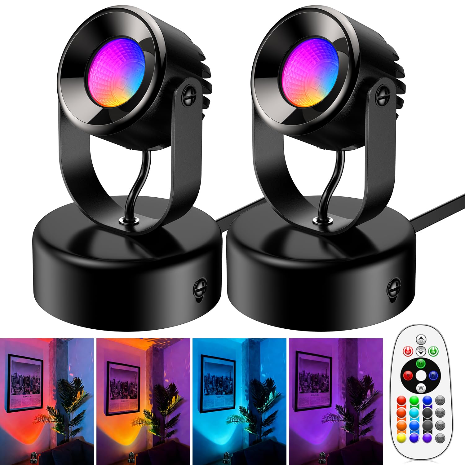 Photo 1 of **REMOTE NON FUNCTIONAL** BYQY 7W RGBW Uplights Indoor, Spotlights Indoor Christmas LED Color Changing Uplights Indoor with Remote Dimmable Function Memory Feature LED Ambient Lighting for Party,Bar,Esports Room,2 Pack