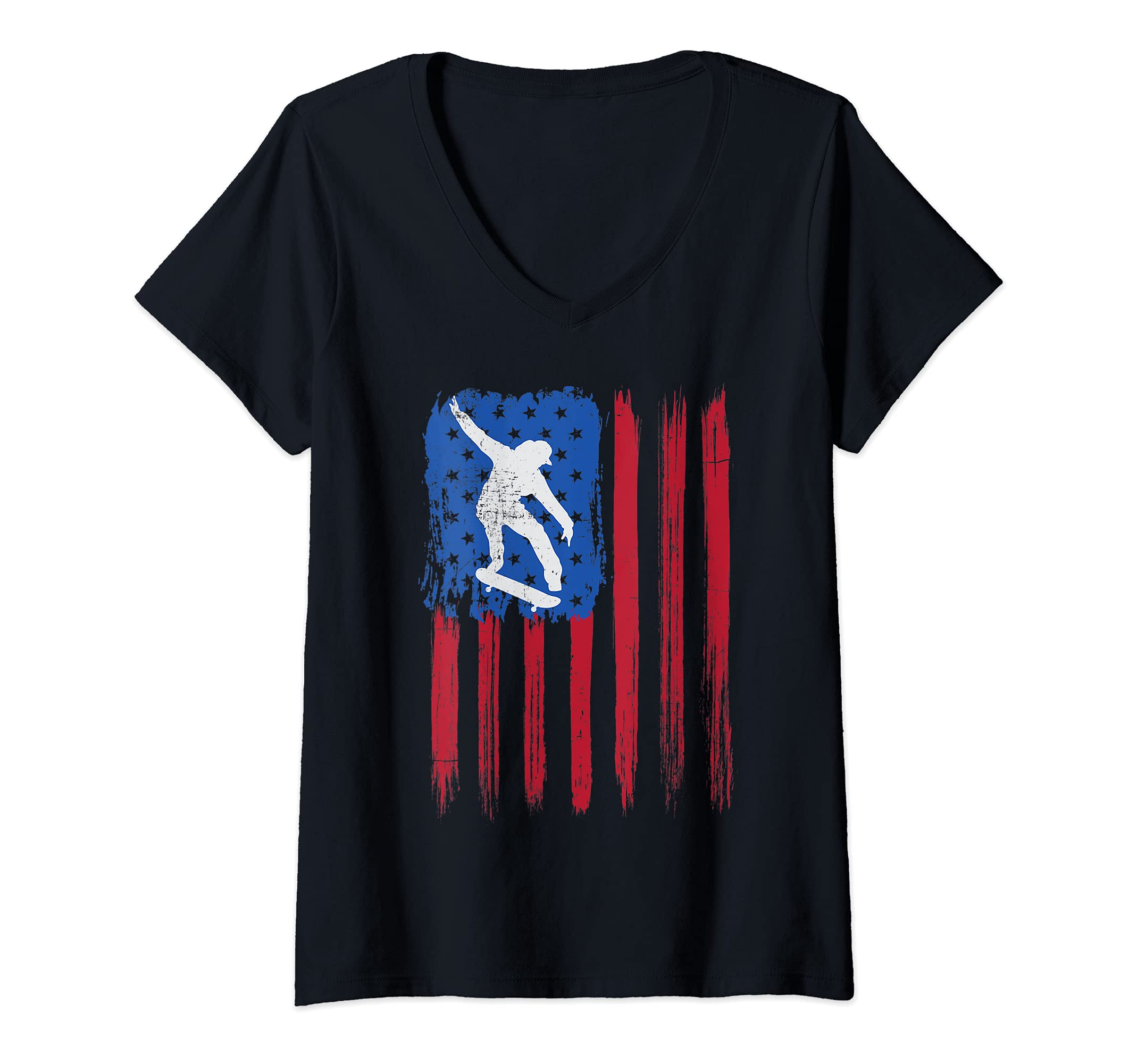 Womens Skateboard American Flag Skate Skateboarding Skateboarder V-Neck T-Shirt