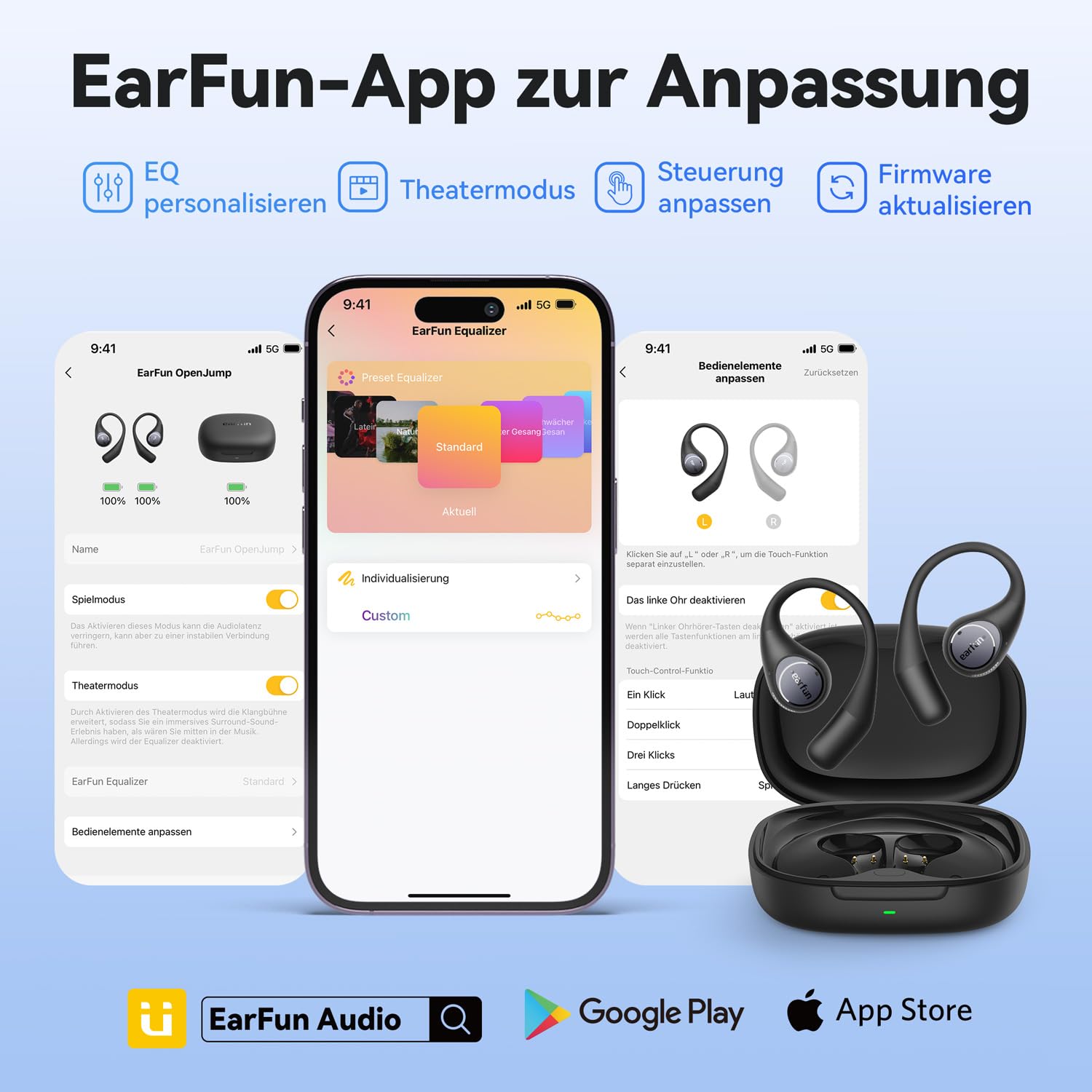 EarFun OpenJump Bluetooth Open-Ear Kopfhörer, Hi-Res Audio, LDAC, Theatermodus, anpassbare Ohrbügel, 42 Std Akku, Kabelloses Laden, IPX7 Sportkopfhörer, Klare Anrufe mit KI, Spielmodus, Multipoint 6