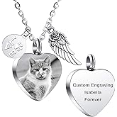 MeMeDIY Personalized Heart Paw Print Ashes Urn Pendant Necklace Custom Name/Photo/Date for Women Men Pet Lover Stainless Steel Memorial Dog Cat Pet Keepsake with Funnel Fill Kit Angel Wing