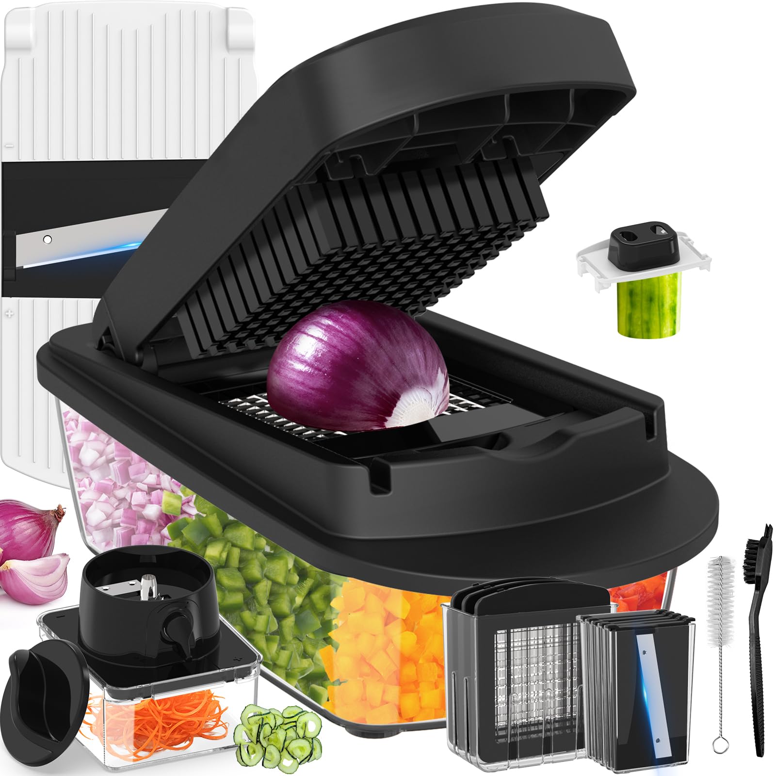 Photo 1 of 12 Blade All-in-1 Vegetable Chopper Mandoline Slicer with Container, Spiralizer with Containers, Food Chopper, Onion Chopper, Veggie Cutter for Salad, Kitchen Gadgets Accessories Essentials, Black