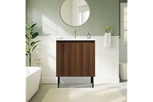 JINDOLI 24 Inch Bathroom Vanity with Sink Combo,Freestanding Bathroom Sink Cabinet with Ceramic Basin 2 Soft Closing Doors Wood Sink Vanity,Adjustable Shelves,Mid Century Modern Walnut（White Sink）