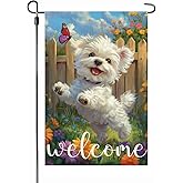 Maltese Dog Welcome Garden Flag, 12 x 18 Inch Burlap Double Side Print,Spring Summer Seasonal Banner Yard Farmhouse Indoor Outdoor Decor Flag (A)