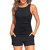 Tankini Swimsuits with Shorts - Two Piece Tummy Control Bathing Suits High Neck Swimwear with Two Side Pockets