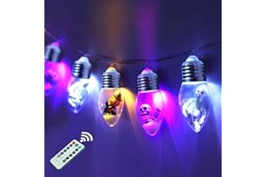 ONBUWWS Halloween Bulb String Lights, Battery Operated Powerd 8.2 FT 12 LED Orange Purple White Skeleton Pumpkin Tombstone Spooky Decorations Cute Timer 8 Lighting Modes Twinkle Indoor Outdoor Window Decor