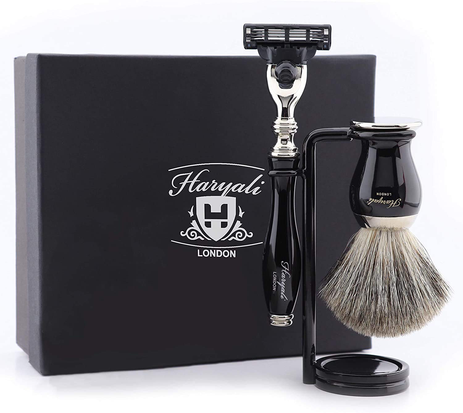 Haryali London Mens Shaving Kit 3 Edge Cartridge Shaving Razor with Black Badger Hair Shaving Brush Perfect Set for Men