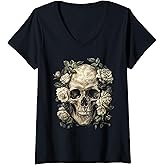 Womens Skull Roses V-Neck T-Shirt