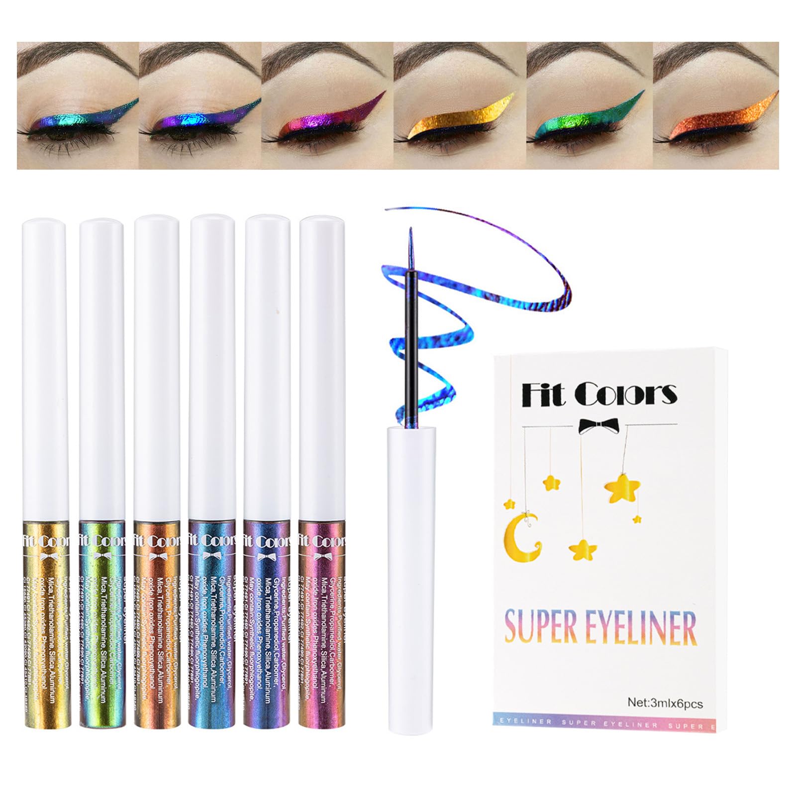 Wimony 6 Color Glitter Eyeliner Set - Metallic Liquid Chameleon, Waterproof Smudgeproof Long Lasting Coloured, Holographic Fluorescent Multichrome Eyeliner Pens