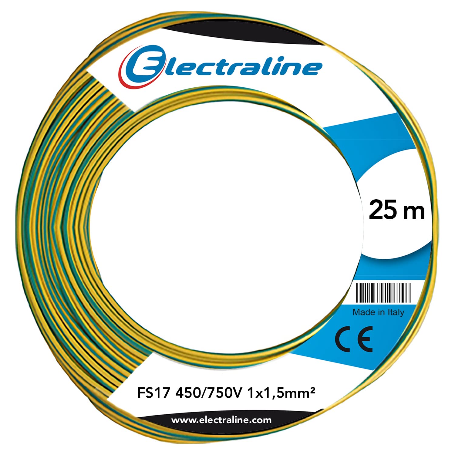 Electraline Unipolar Cable 13102 FS17, Section 1 x 1.5 mm², Yellow/Green, 25 M