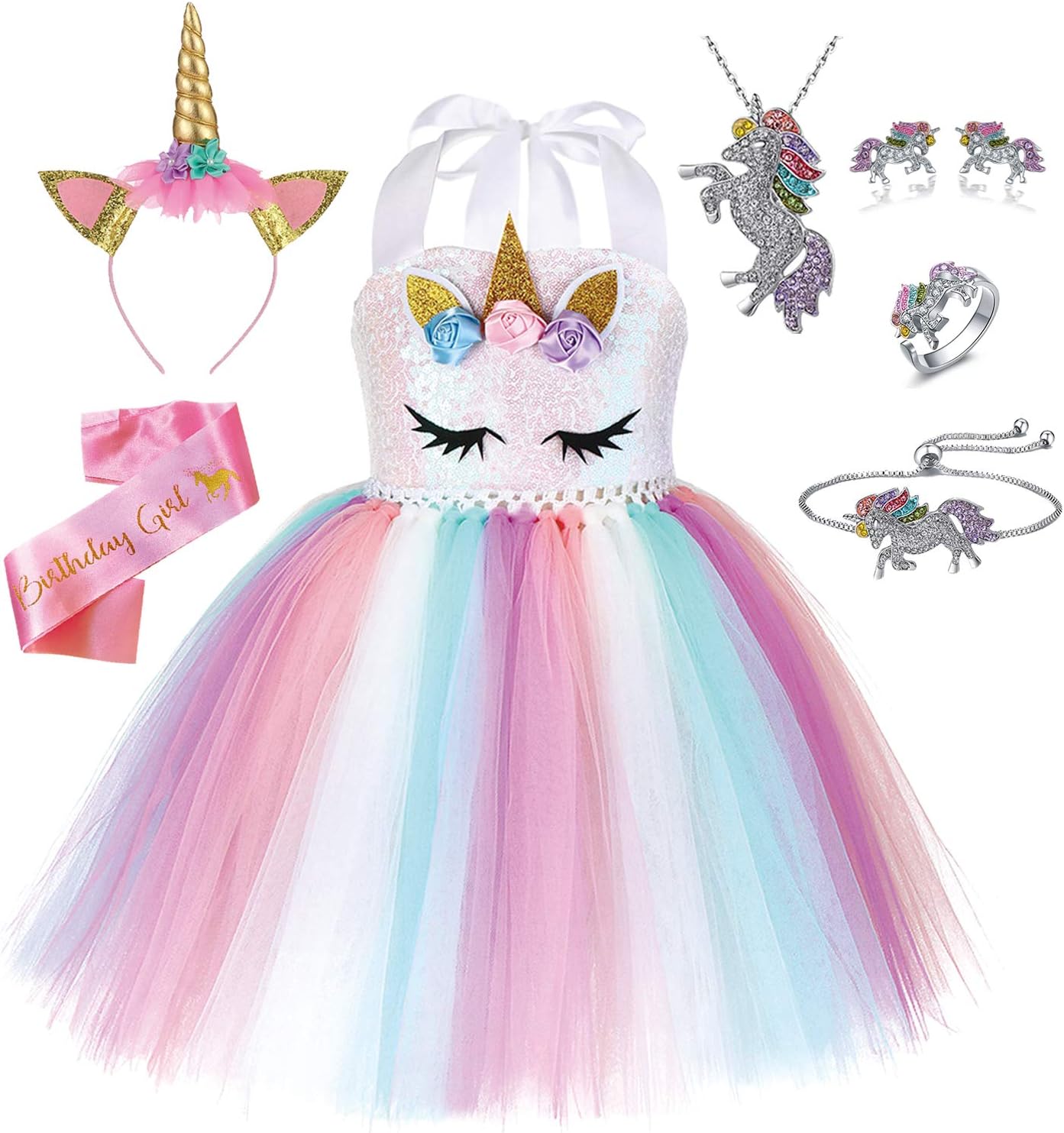 Rainbow Unicorn Outfit for Girls - Unicorn Costume, Jewelry, Headband, and Satin Sash