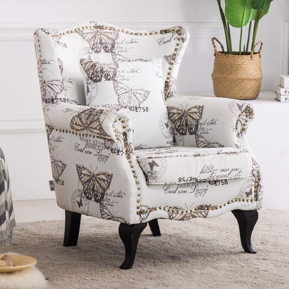 WarmiehHomy Occasional Velvet Fabric Wing Back Armchair Butterfly