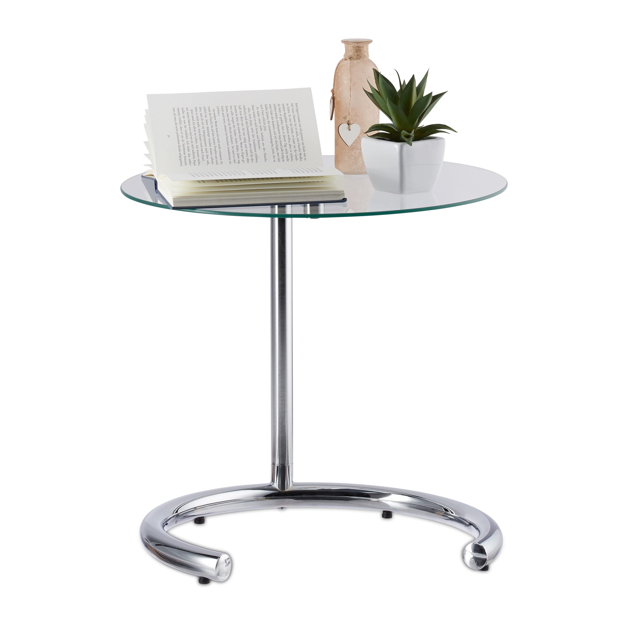 Relaxdays Height-Adjustable Coffee Table 70 cm, Round Living Room Stand, Chromed Steel, Glass Top 46 cm Ø, Silver