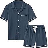MoFiz Mens Cotton Pajamas Set Sleepwear Shorts Soft Summer Button Down Pjs Set 2 Piece Loungewear with Pockets S-3Xl
