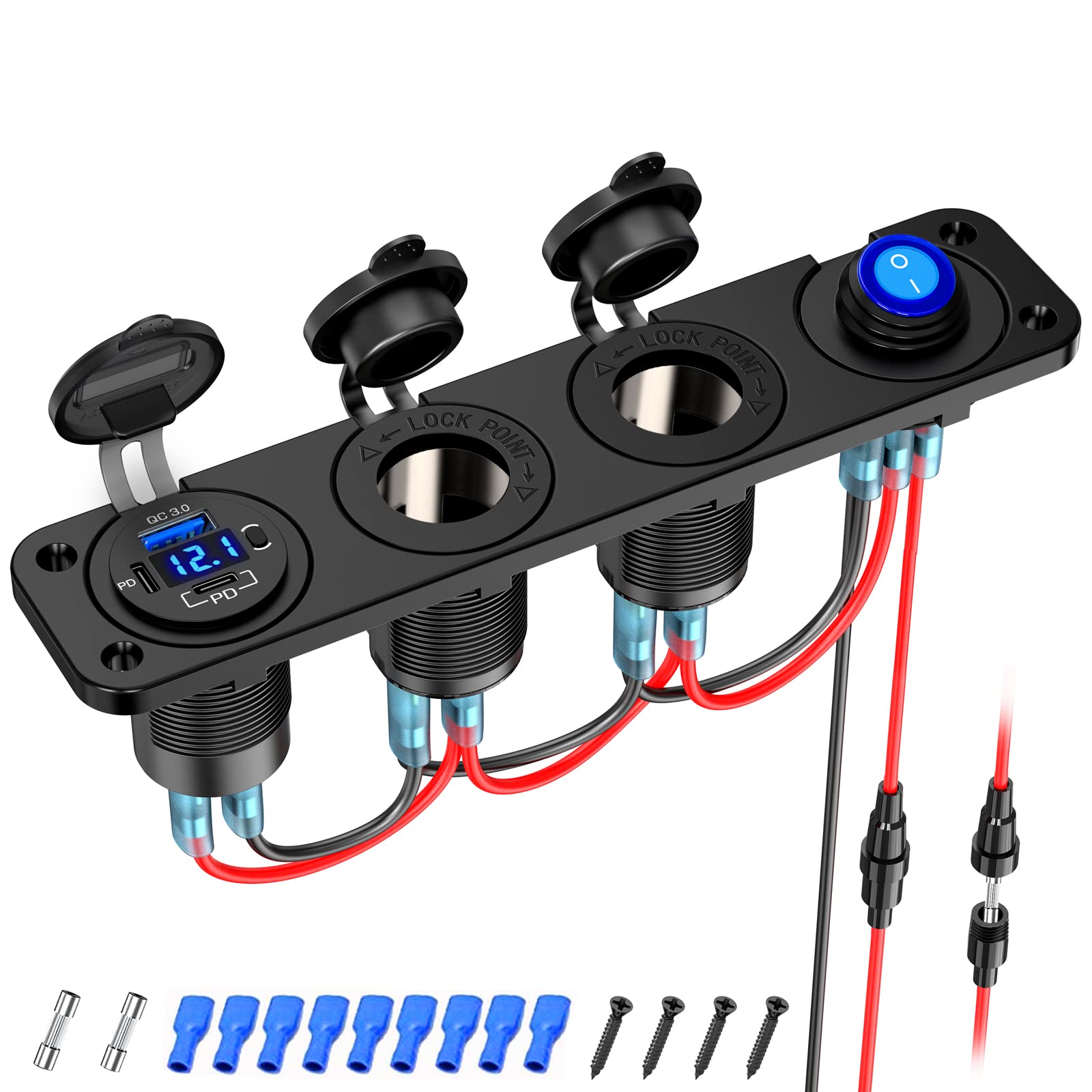 Photo 1 of (4 in 1) 12V USB Cigarette Lighter Socket Panel: 78W 3 Ports USB C 12V Outlet Dual PD 30W & QC 18W Port with Voltmeter, Dual 150W Cigarette Lighter Socket with Waterproof Rocker Toggle Switch DC 12V