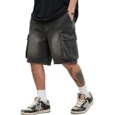 Mens Baggy Jean Shorts, Loose Fit Vintage Wide Leg Jorts, Y2K Streetwear Denim Capri Pants with Elastic Back Waistband