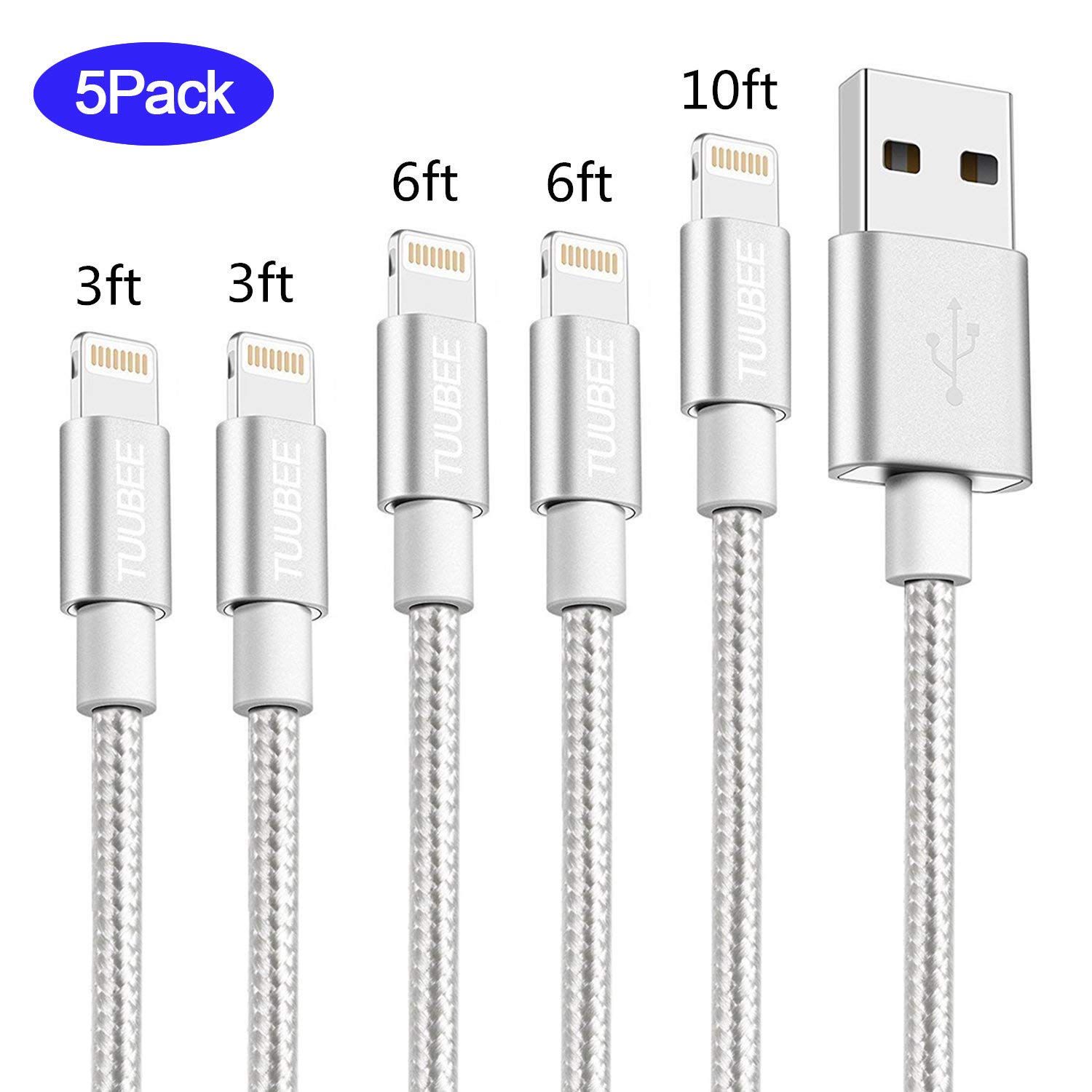 TUUBEE MFi Certified 5Pack[3/3/6/6/10FT] Nylon Braided Cell-Phone Charging Cable USB Fast Charging & Syncing Long Cord,iPhone Charger Compatible iPhone XS/Max/XR/X/8/8P/7/7P/6/iPad/iPod (Silver)