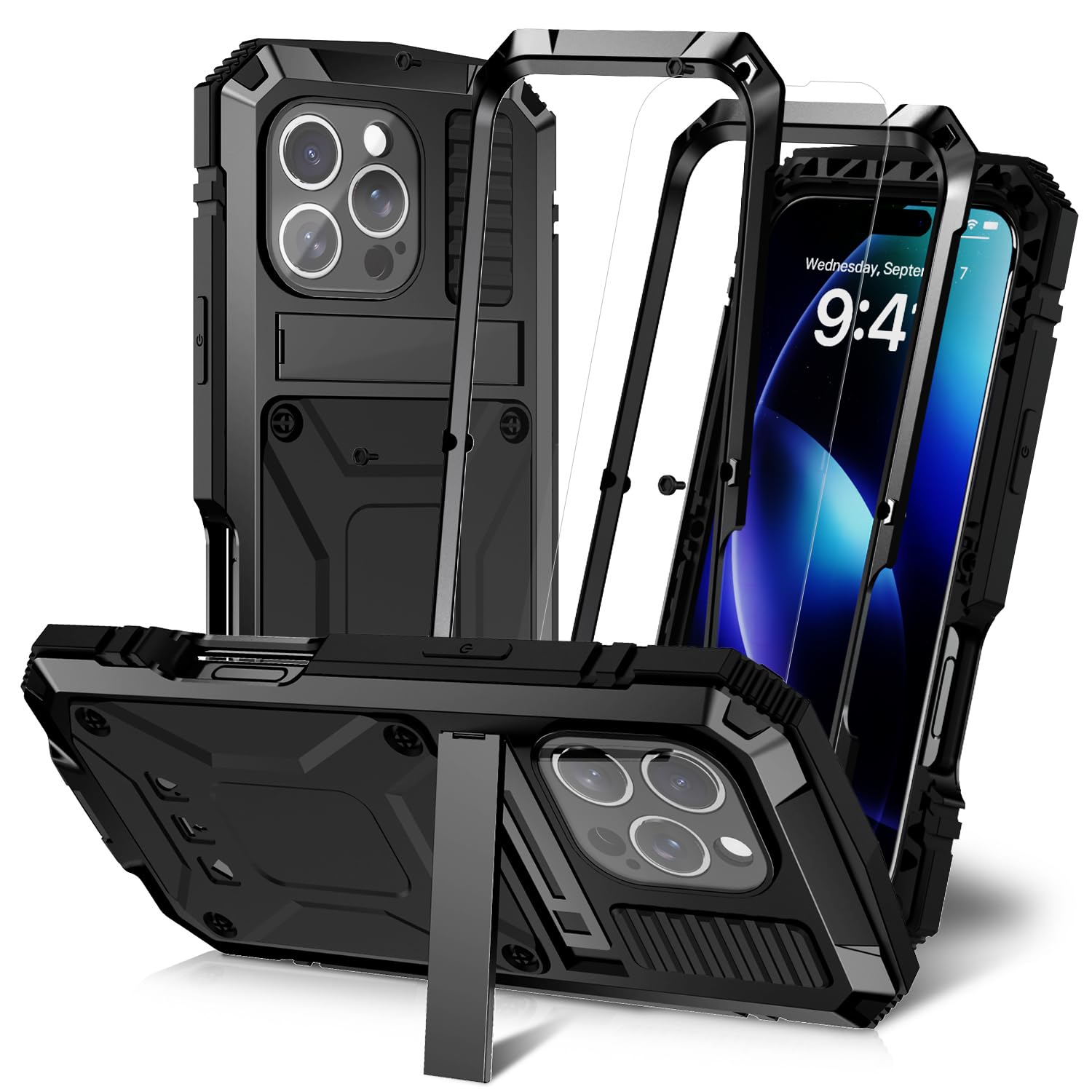 MIYIYQP Compatible for iPhone 16 5G Case with Stand Kickstand & Built-in Camera & Screen Protector, Aluminum Metal Gorilla Glass Shockproof Military Heavy Duty Sturdy Protector Cover Hard Case (Black)