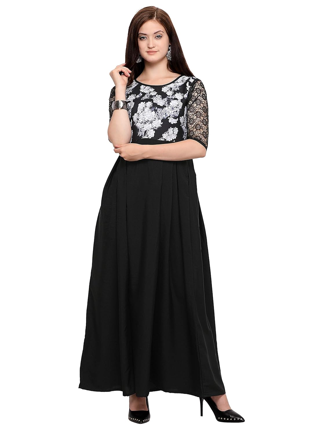 fashion2wear women black maxi digital printed stitched crepe gown