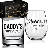 Innfueunun Daddy's Sippy Cup Whiskey Glass & Mommy's Sippy Cup Wine Glass Set, Funny Parents Gifts from Daughter Son Kids, Wine Gift for Expecting Father Mother Gag Gift for Christmas Birthday