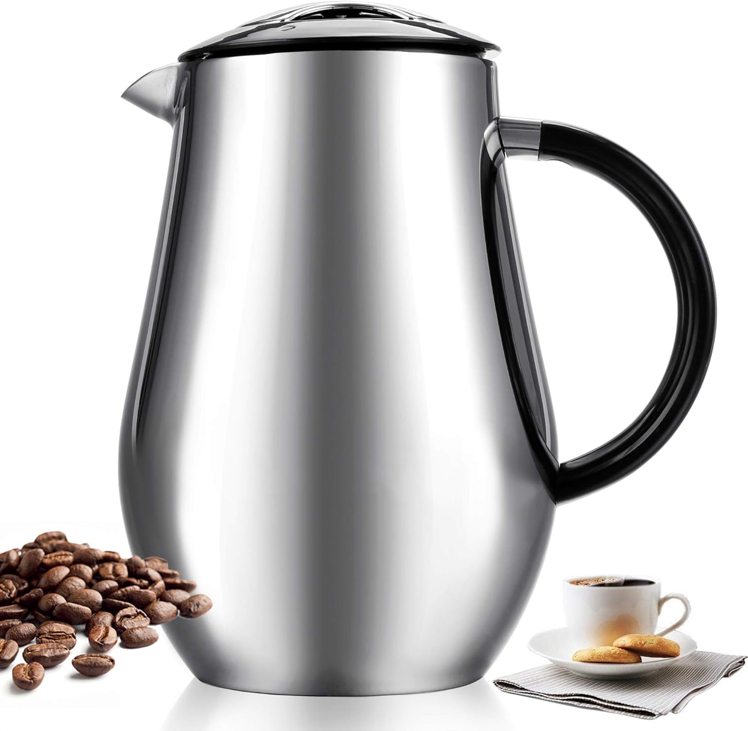 Anfan French Press Coffee Maker Double Walled 34oz/1000ml Espresso & Tea Maker with Extra Filter - Vacuum Insulated Stainless Steel (Dishwasher Safe)