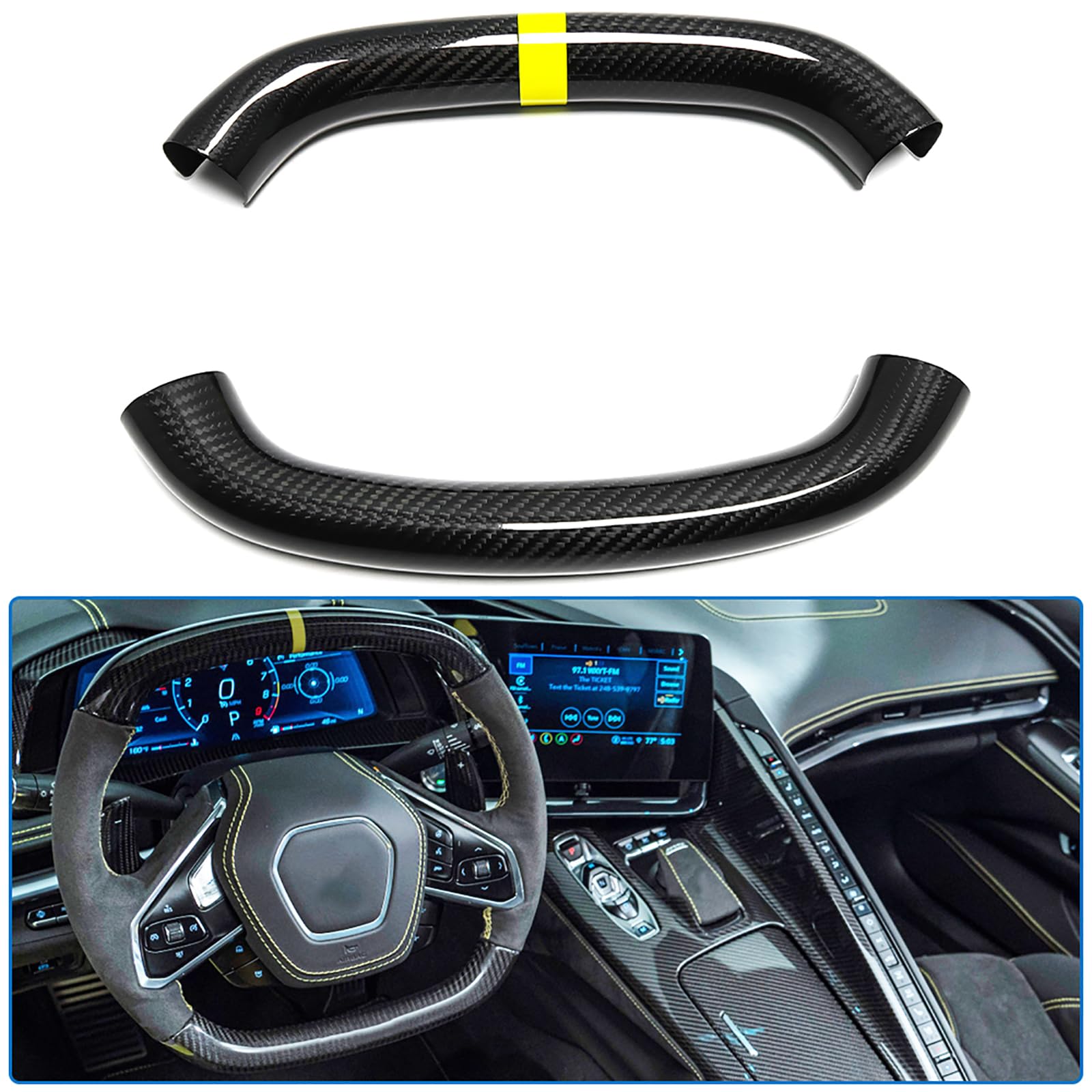 Photo 1 of Car Steering Wheel Circle Round Cover for Corvette C8 Z51 Z06 E-Ray Stingray 2020 2021 2022 2023 2024, Genuine Carbon Fiber Interior Trim (Yellow)