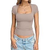 Eachyes Womens Square Neck Cap Sleeve Tops Sexy Low Cut Short Sleeve Shirts Basic Slim Fit Tee Cute Summer Clothes 2026