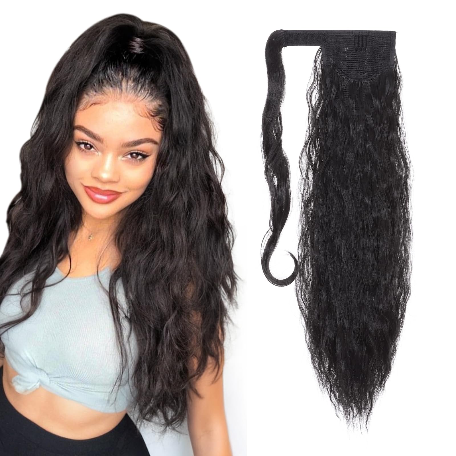 20 Inch Real Long Corn Wave Ponytail Clip in Hair Extensions Magic Paste Wavy Wrap Around Ponytail Hairpiece for Women Natural Black