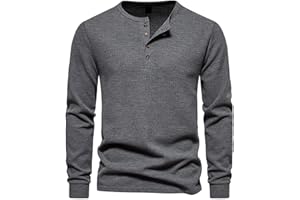 Men's Waffle Knit Henley Shirt Long Sleeve Soft Casual Pullover Top Buttons Solid Color Textured Crew Neck Shirt