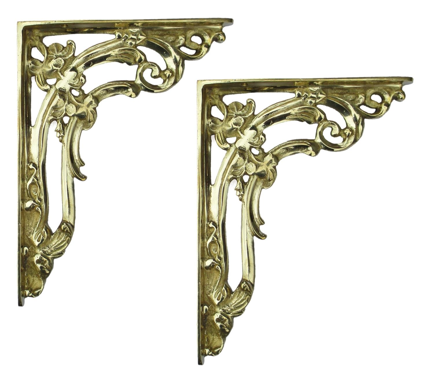 Pair of Small Brass Victorian Scroll Leaf Shelf Brackets (15cm x 20cm