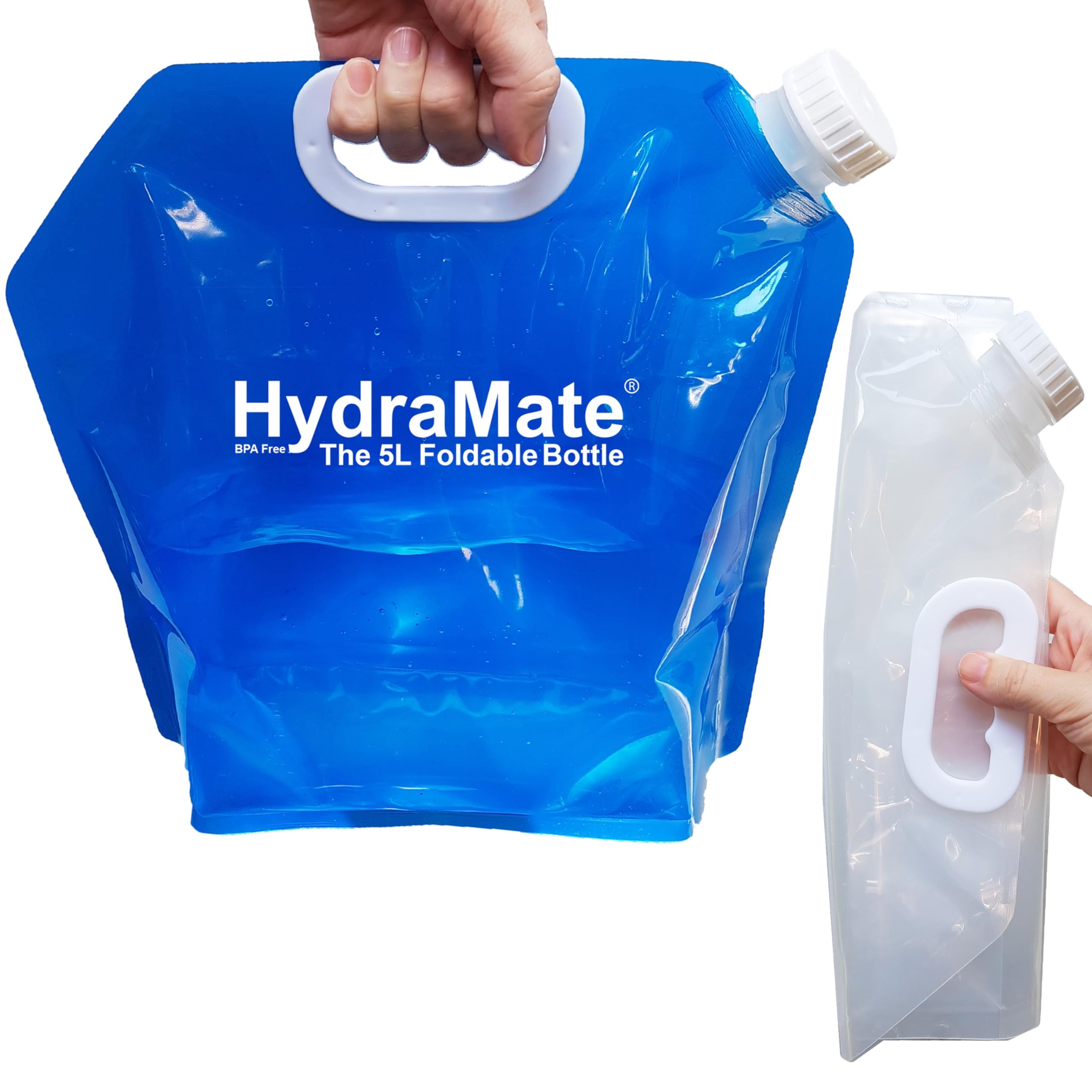 HydraMate Water Carrier Camping Bottle Collapsible. 2 x 5L BPA FREE Water Containers. Lightweight Foldable Portable Bags For Camping, Picnics & Festivals. Moulded Handle, Easy To Carry. 10L Total.