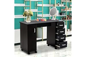SSLine Manicure Nail Table Station with Wheels,Manicure Table Nail Beauty Spa Salon Desk Workstation w/4 Drawers,1 Cabinet,Nail Art Desk Workstation(Black)
