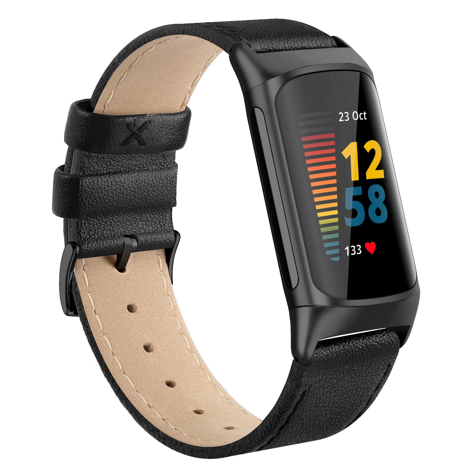 Tuocal Genuine Leather Strap Compatible With Fitbit Charge 6 and 5 for Women Men, Soft Breathable Small Large Replacement Sport Wristband