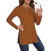 LYANER Women's Button Split Slit Sides Scoop Neck Long Sleeve Blouse Tunic Top
